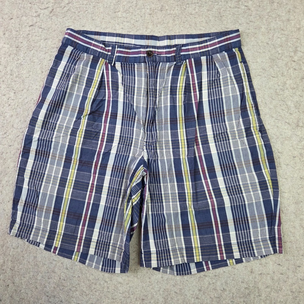 Vintage Polo Ralph Lauren Tyler Shorts Mens 31 Blue Plaid Pleated Front Cotton